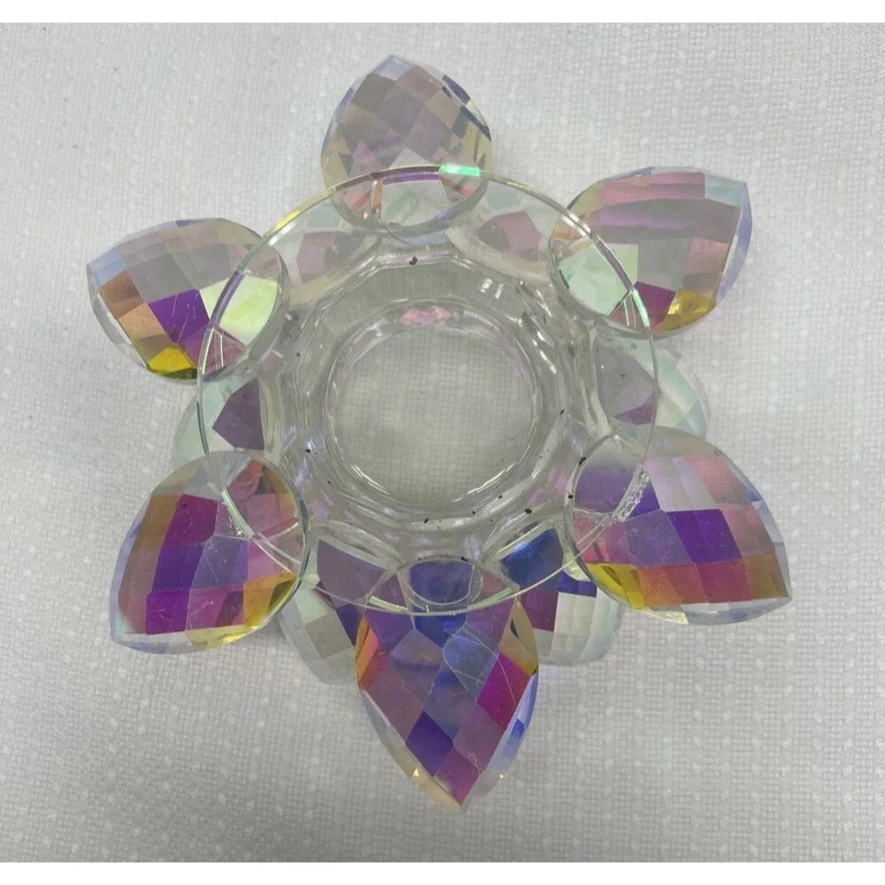 Iridescent Crystal Lotus Flower Candle Holder Rainbow Prism Boho Spiritual Decor